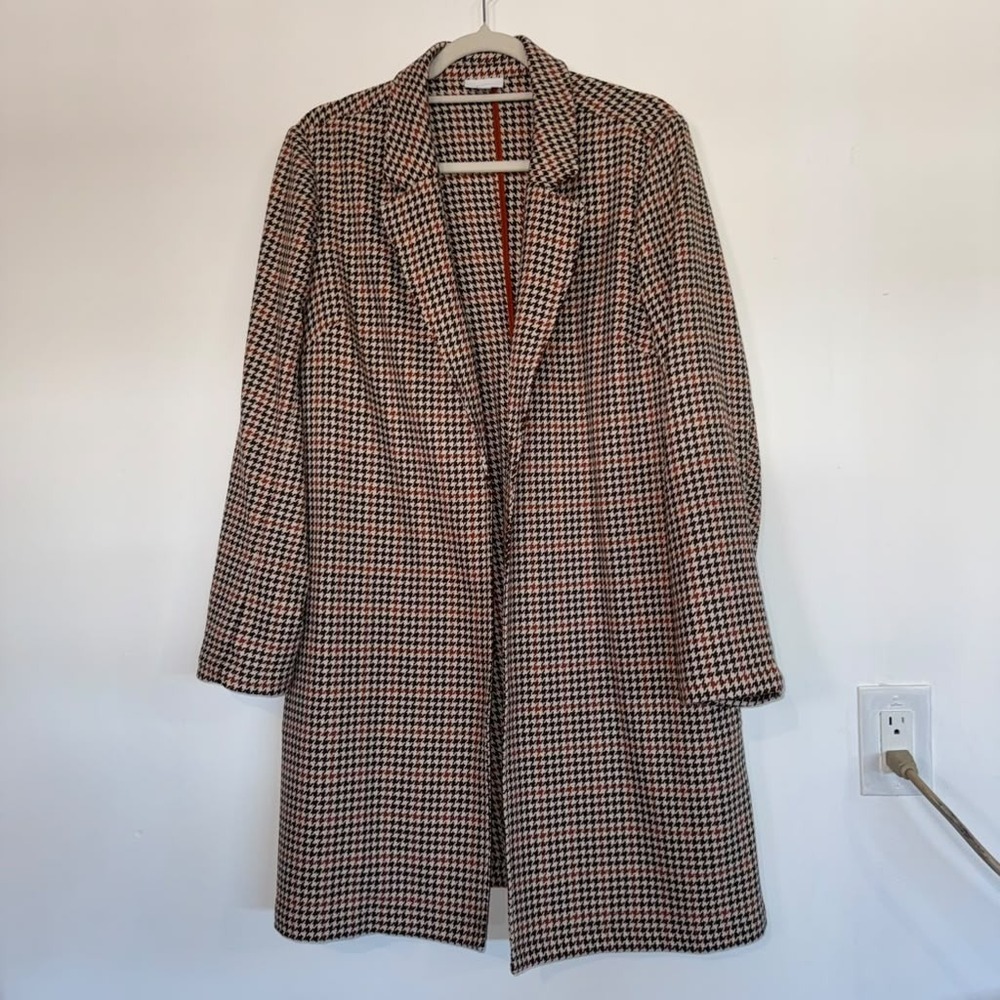 J Jill Women M Open Front Longline Duster Blazer Coat Jacket Houndstooth Pattern